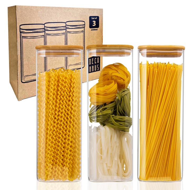 Borcane cu capac, etanse, se pot spala in masina, compatibile cuptor cu microunde, ideal pentru prajituri, paste, cereale, cafea, 28.5 x 10 cm - Deco Haus