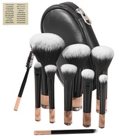 Pensule de machiaj cu 10 buc. in husa de piele, portabile, cu peri din microfibra, pentru fond de ten, pudra, contur, blush, corector, fard de pleoape si sprancene, negre