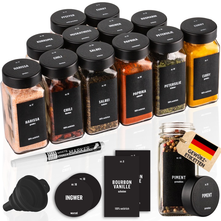 Буркана за подправки с черен капак от неръждаема стомана Deco Haus, 12 броя, с етикети, фуния, четка за почистване, филц, празен прозрачен стъклен съд и дозатор 120 ml, 10,5x4, 3 cm