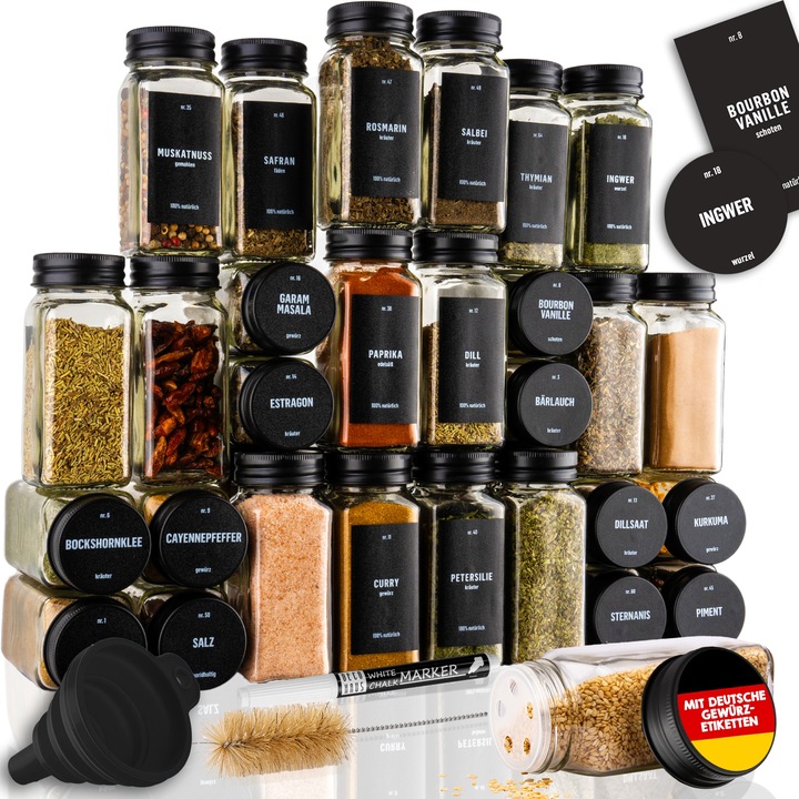 Deco Haus Комплект буркани за подправки от 36 части с черен алуминиев капак - Комплект за подправки с етикети, фуния, четка за почистване, филц - празен, прозрачен стъклен съд и дозатор 120 мл, 10,5x4, 3 см