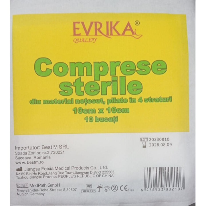 Comprese sterile netesut, Evrika Quality, pliate, 10cm/10cm, 4 straturi, 10buc/plic