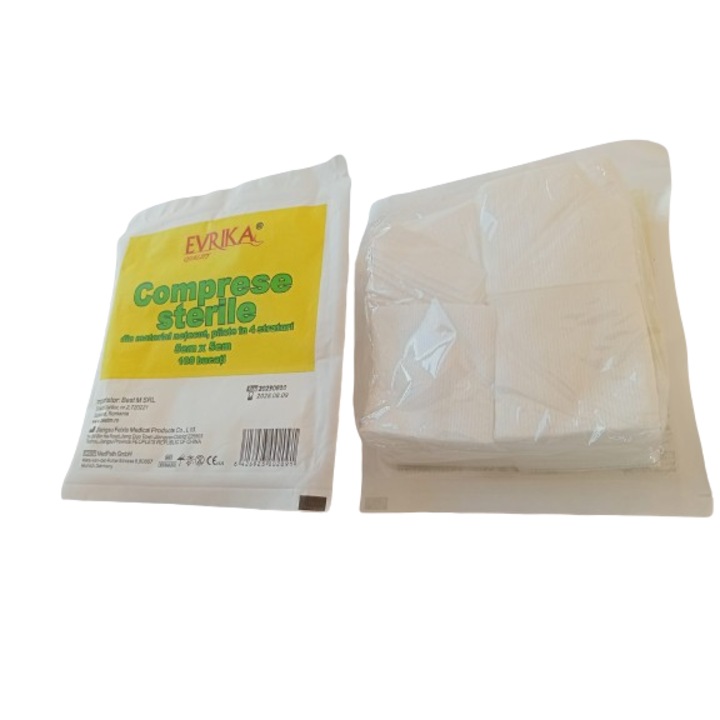 Comprese sterile netesut, Evrika Quality, pliate, 5cm/5cm, 4 straturi, 100buc/plic