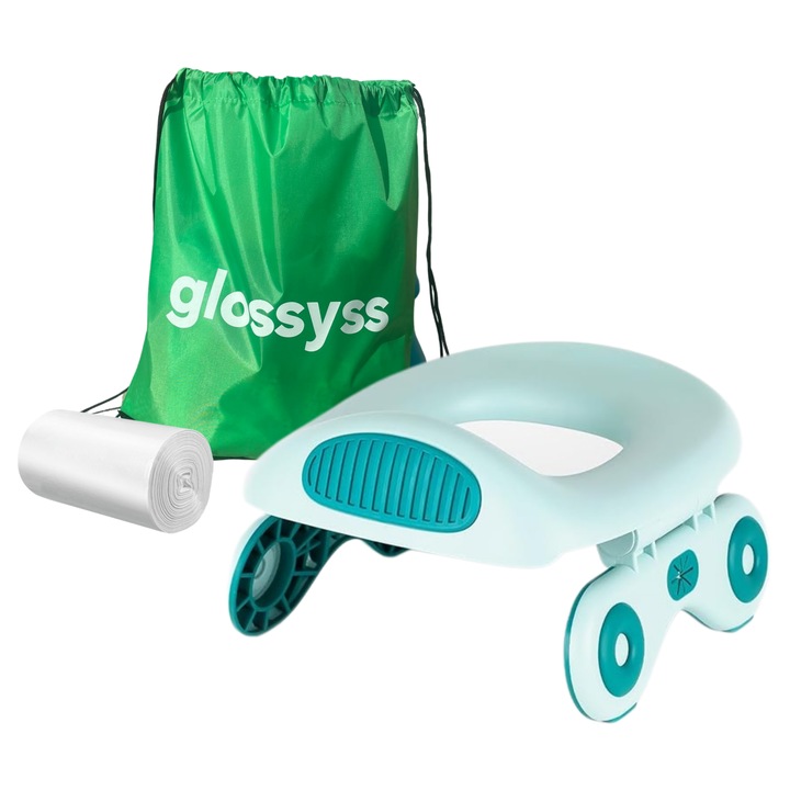 Olita Portabila si Reductor Toaleta Glossyss™, 2 in 1, Design Masinuta Turcoaz, Pliabila, Picioare Rabatabile, Sistem Blocare, Ergonomic, 10x Pungi Unica Folosinta si Saculet Transport Incluse