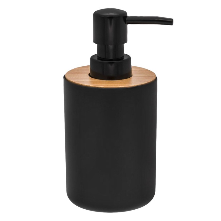 Dozator pentru sapun lichid, din plastic negru cu Ccapac de bambus, 315ml, 7x15.5cm