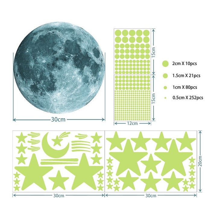 Комплект фосфоресциращи декоративни стикери луна и звезди, светещи на тъмно, самозалепващи се