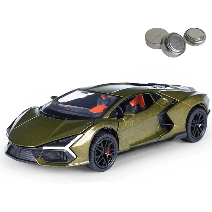 Lamborghini fémautó, Axroad Mall, Méretarány 1:32, Fényekkel és hangokkal, Mozgatható ajtók, Mozgatható csomagtartó, Mozgatható motorháztető, Hátrahúzható, Gyönyörűen díszített, Robusztus és ütésálló, Akkumulátorral, Ötvözet, 15,6 × 7,1 × 3,5 cm, zöldellő