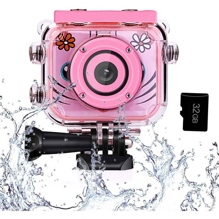 Детска водоустойчива камера VINTOP®, 20 милиона пиксела, 2,0 инча, 32 GB SD карта 1080P HD, 600 mAh, водоустойчива, защита за очите, калъф, 3 години+, розов
