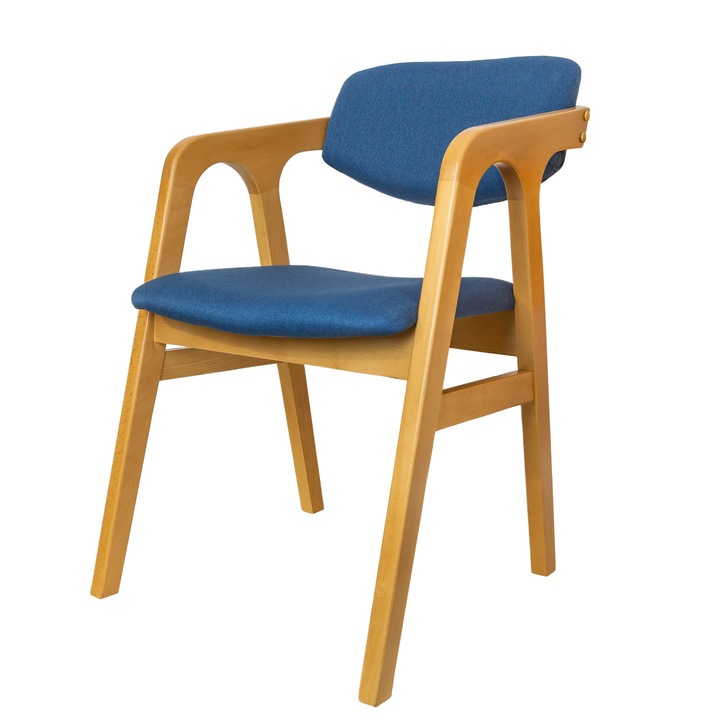 Komfort étkezőszék, METRU PATRAT, tömör bükkfából, masszív és strapabíró, hosszú élettartamú, skandináv dizájn, puha és kárpitozott ülőfelülettel, modell: Natural Bükk - Kék szövet