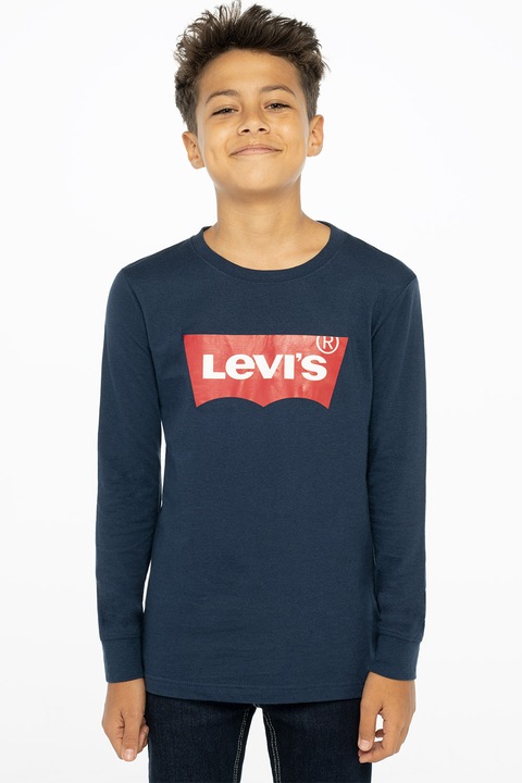 Levi's, Bluza din bumbac cu imprimeu logo, Alb/Rosu vermillion/Bleumarin