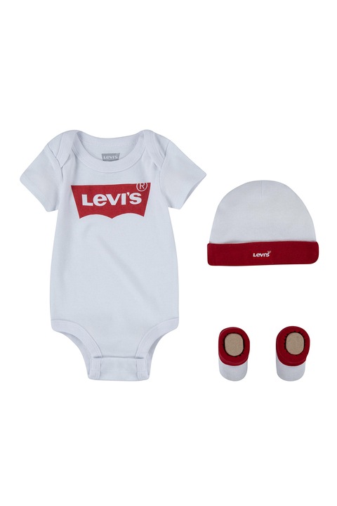 Levi's, Set de botosei, caciula si body cu maneci scurte, Rosu inchis/Alb optic, 68 CM