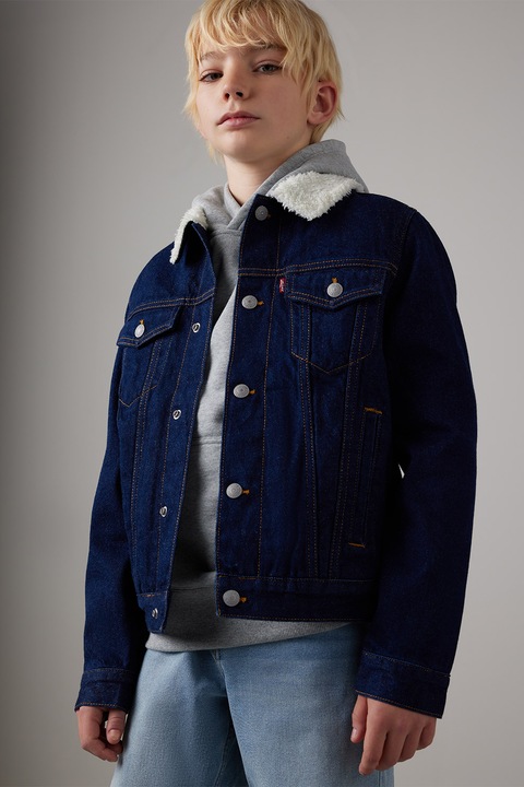 Levi's, Jacheta din denim cu guler din blana shearling sintetica, Albastru ultramarin, 152 CM