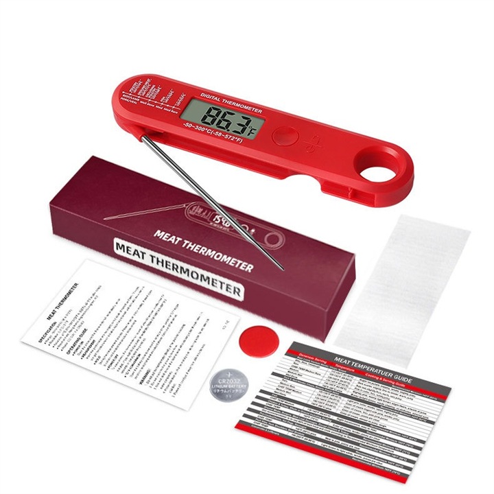 Termometru digital pentru alimente, BOMSTOM, afisaj electronic, sonda din inox, masurare rapida 3s, -50 - 300 °C, Pliabil, 16.1x3.5cm, rosu