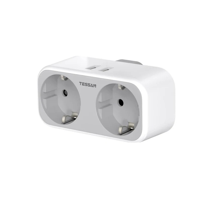 Адаптер за контакт UK, TESSAN, с 3 изхода и 2 USB порта тип A, бял и сив
