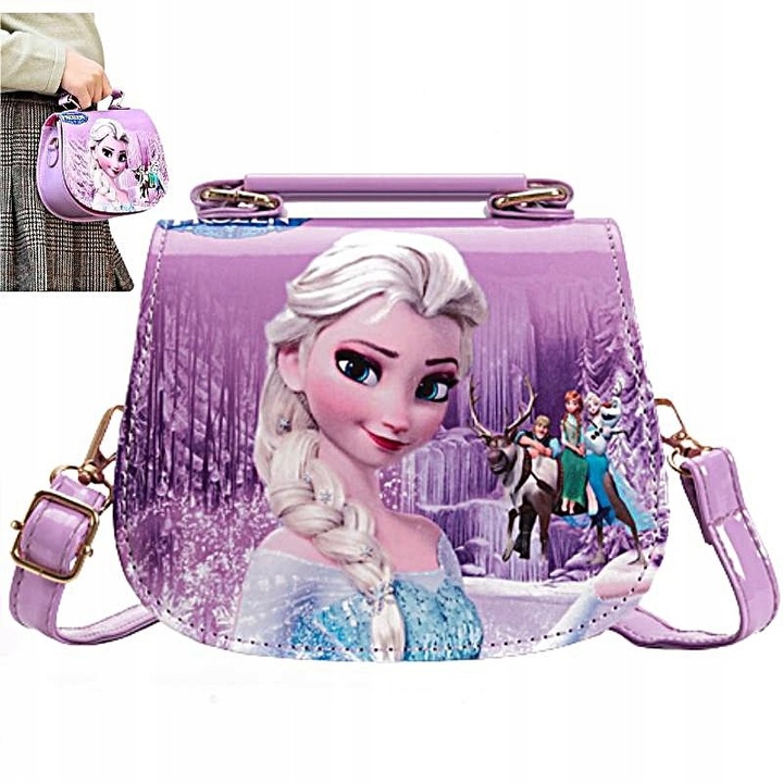 Geanta pentru fete, Printesa Elsa, piele ecologica, purtabila pe umar, violet, 18x15x7cm