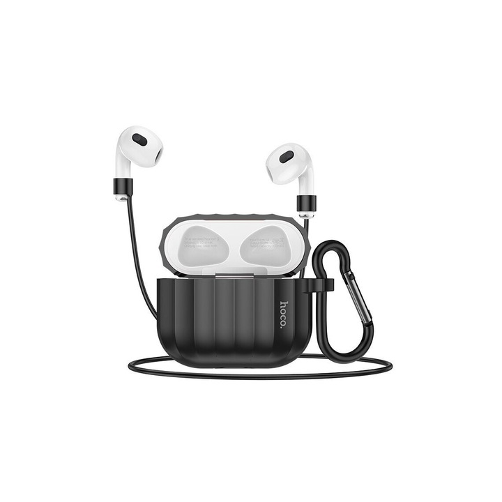 HOCO szilikon tok AirPods 3 tokhoz, karabinerrel és fejhallgató vezetékkel, fekete