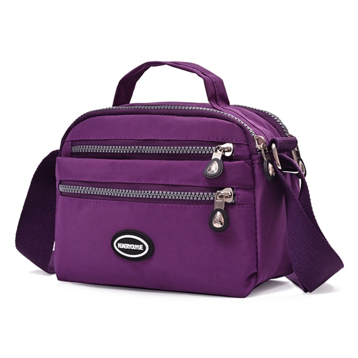 Női kézitáska, vállpánttal, HUAERYOUYUE, 6 cipzáras zseb, több rekeszes, vízálló anyag, 22x17x11 cm, lila