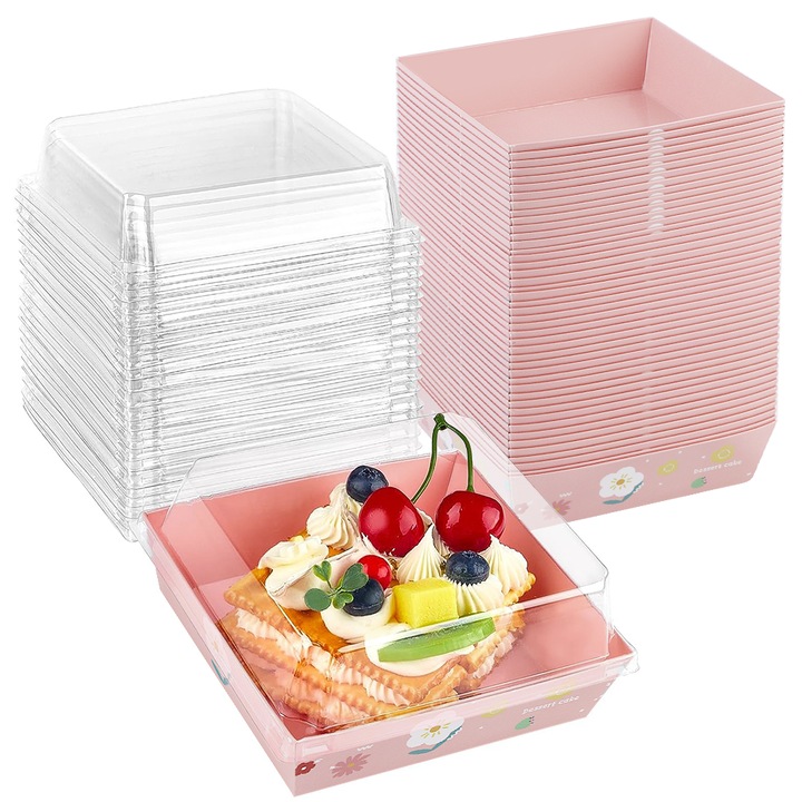 50 db-os EZGETOP® eldobható fedeles doboz készlet szendvicshez, desszerthez, süteményekhez, 12x11x6,2 cm, rózsaszín