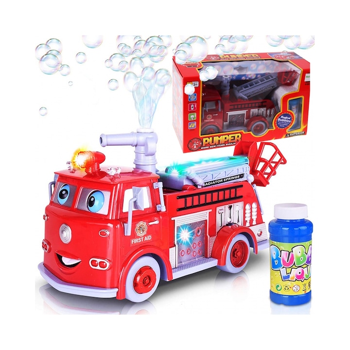 Masina de pompieri generatoare de Baloane din Sapun, pentru copii, Malplay, cu efecte sonore si luminoase, cu rezerve de lichid inclus, 12.5 x 29 x 15 cm