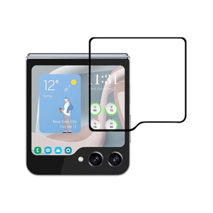 Gallant 5D edzett üvegfólia külső képernyő Samsung Galaxy Z Flip6 / Flip 6 készülékhez, OPTIM MEGOLDÁS, 9 órás ellenállás ragasztóval a teljes felületen, HD tisztaság, teljes ragasztó, törhetetlen élek, Optim védelmi technológia, Clear Vision, fekete