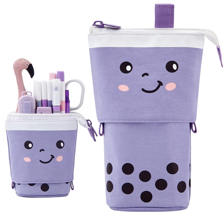 Teleszkópos tolltartó, Boba tea forma, lila, 17,5x12,5x6 cm