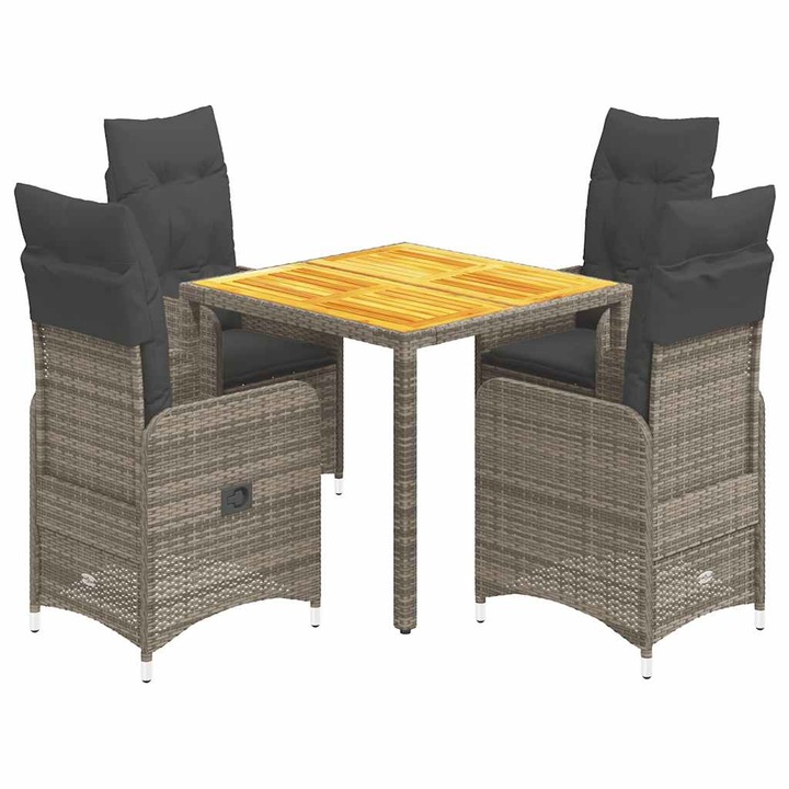 Set bistro de gradina cu perne vidaXL, 5 piese, gri, poliratan, 30.2 kg