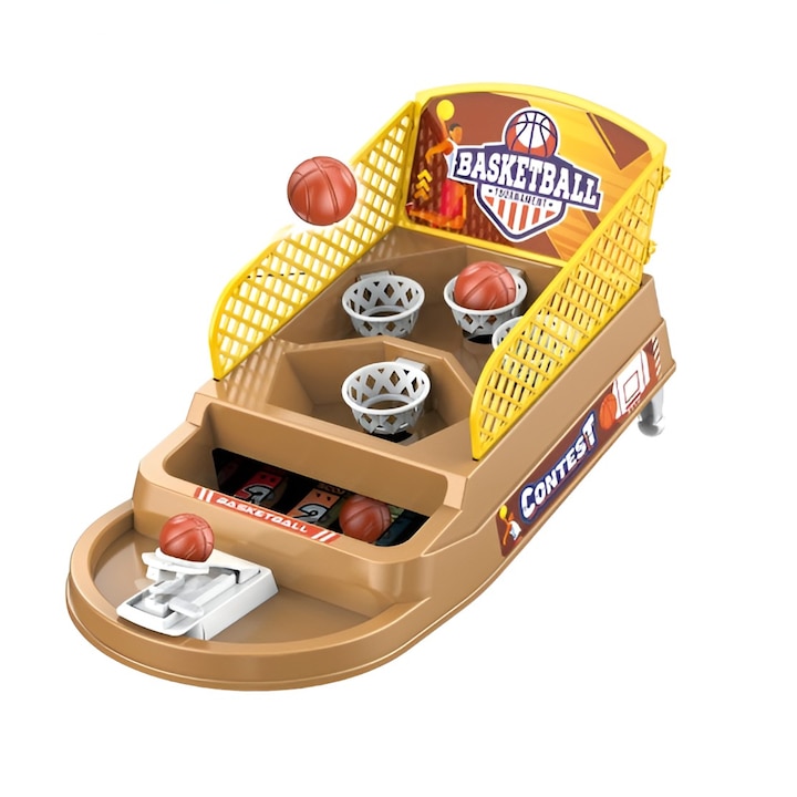 Интерактивна мини баскетболна настолна игра за деца, Flippy, 4 коша, 3 включени топки, 23,5x11,5x14 см, кафяв