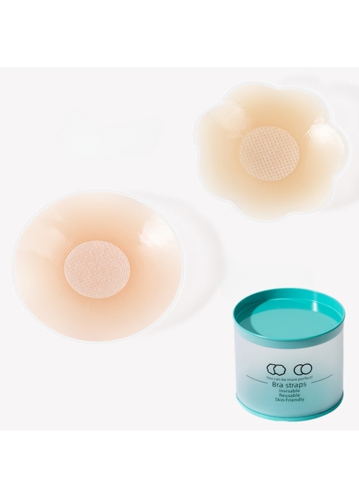 Set 8 Plasturi, pentru mameloane, autocolanti, din silicon, Forme de cerc si flori, diametru 6.5 cm, Grosime 0.3 cm, Lenjerie intima pentru rochii de seara, Sutien invizibil, Antiderapant, rezistent la cadere, crem