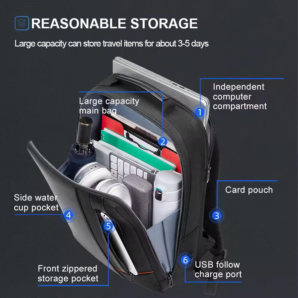 Rucsac laptop 15.6", smart business, impermeabil, cu port de incarcare USB, insertii de piele ecologica, GETICS, 30x15x44 cm, Negru