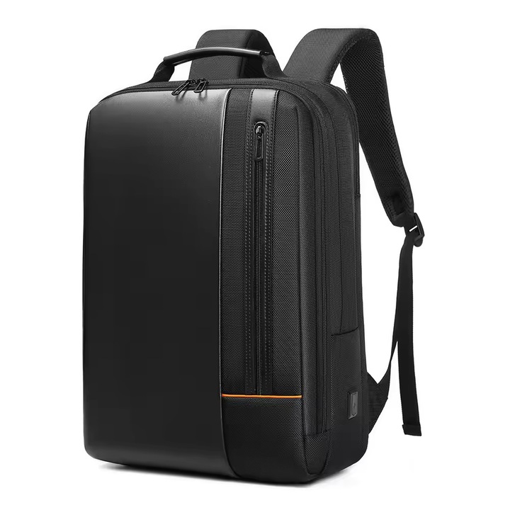 Rucsac laptop 15.6", smart business, impermeabil, cu port de incarcare USB, insertii de piele ecologica, GETICS, 30x15x44 cm, Negru