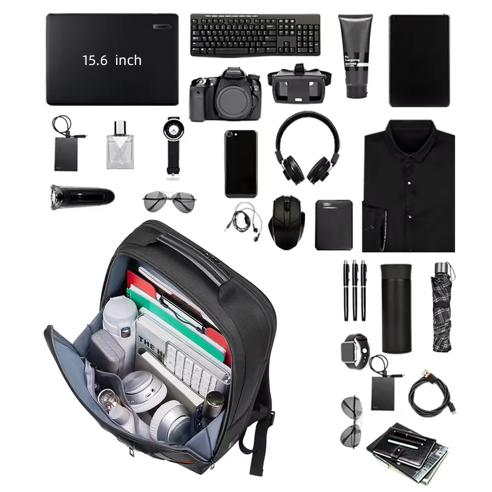 Rucsac laptop 15.6", smart business, impermeabil, cu port de incarcare USB, insertii de piele ecologica, GETICS, 30x15x44 cm, Negru