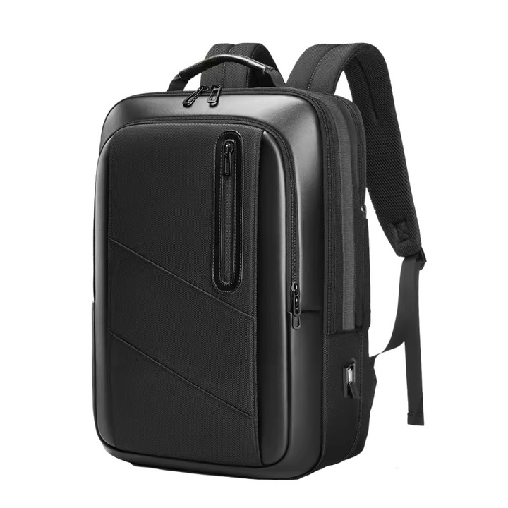 Rucsac laptop 17", smart business, expandabil, impermeabil, cu port de incarcare USB, insertii de piele ecologica, GETICS, 30x15x47 cm, Negru