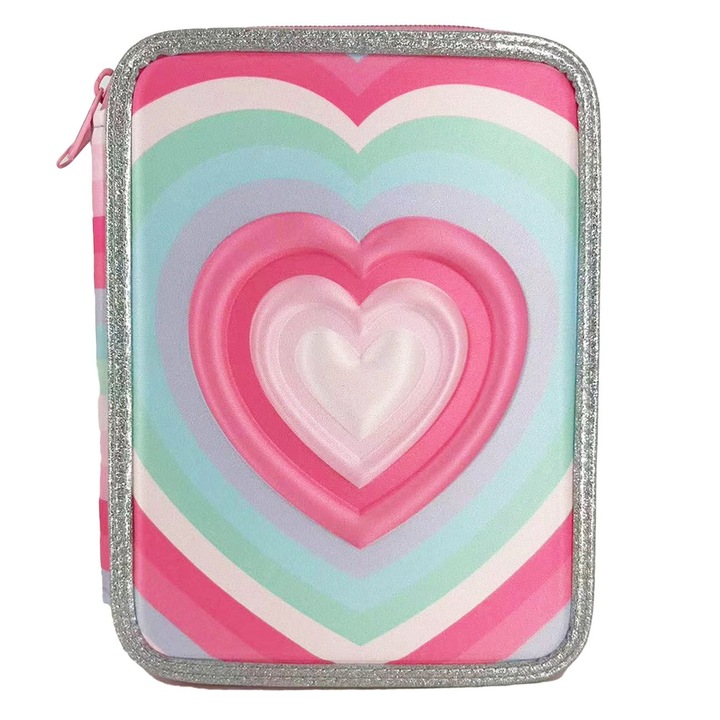 Penar dublu colorat cu model inimi si glitter argintiu Shopiens®, echipat pentru scoala, 18 x 4 x 23 cm