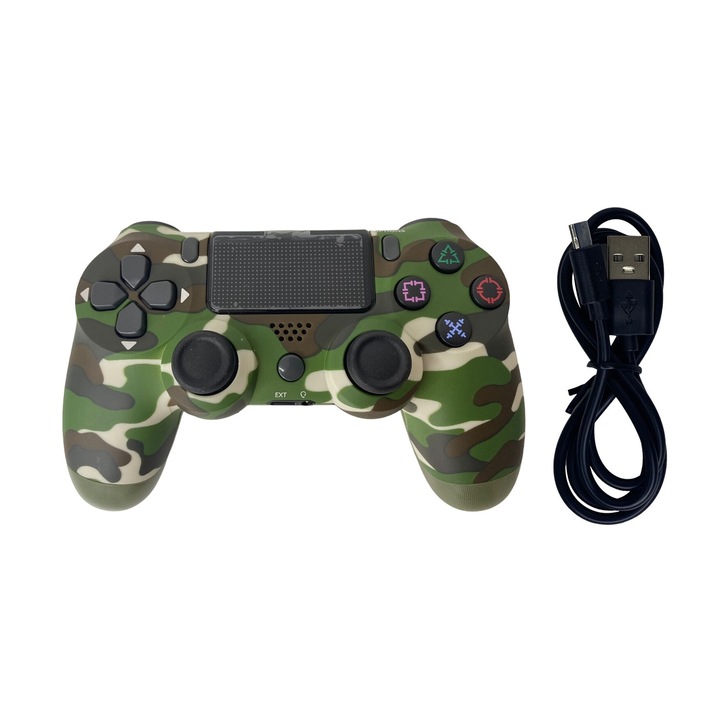 Vezeték nélküli kontroller, PS4, PS-TV és PS Now, Double Shock 4, Touch-SCR, sorozat-kompatibilis HJ-07, laptop, pad, telefon, vibrációval, töltőkábel mellékelve, terepszínű, HAPPY JOKER