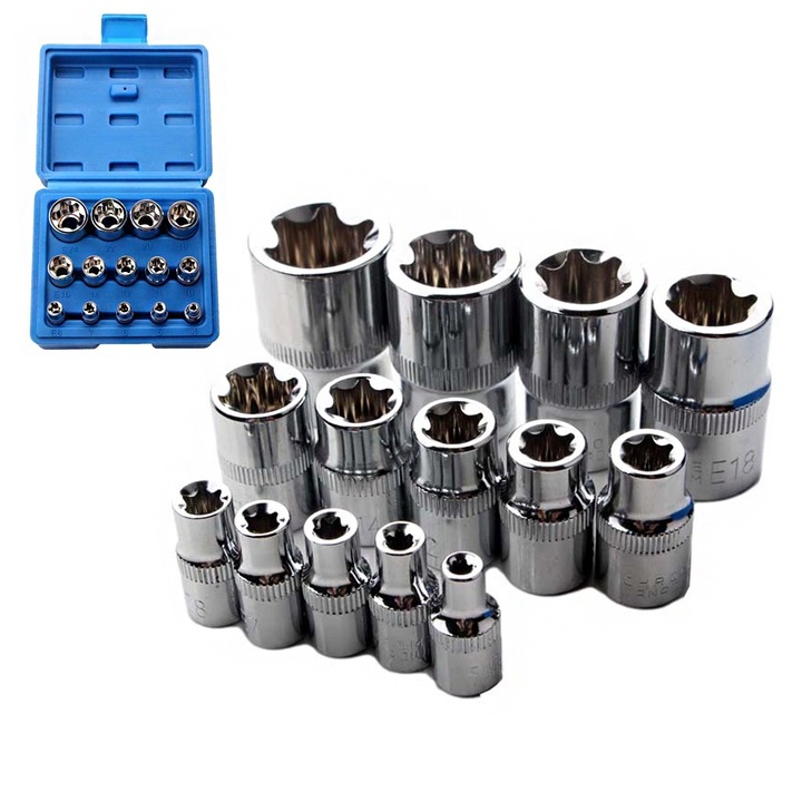 Комплект от 14 гаечни ключове Torx, хром-ванадий, сини, 13x11,5x5,5 cm