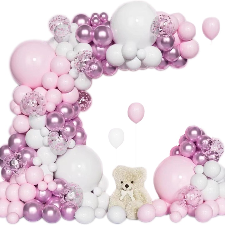 Set Baloane Aranjament Arc, Latex, Rotund, Roz, Alb, Metalic, Multicolor, pentru Nunta, Aniversare, Petrecere