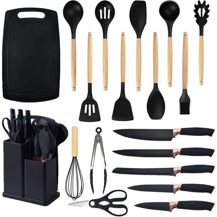 Set ustensile de bucatarie, 19 piese, negru/bej