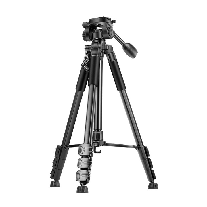 Trepied, 1.2kg portabil, pana la 1.7m, coloana centrala reglabila, vedere panoramica 360°, aliaj de aluminiu, negru