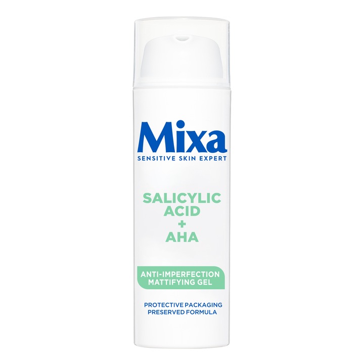 Crema-gel Mixa Anti-Imperfectiuni cu Acid Salicilic si AHA, matifiaza si controleaza excesul de sebum, ten gras si cu tendinta acneica, potrivita pentru tenul sensibil, 50 ml