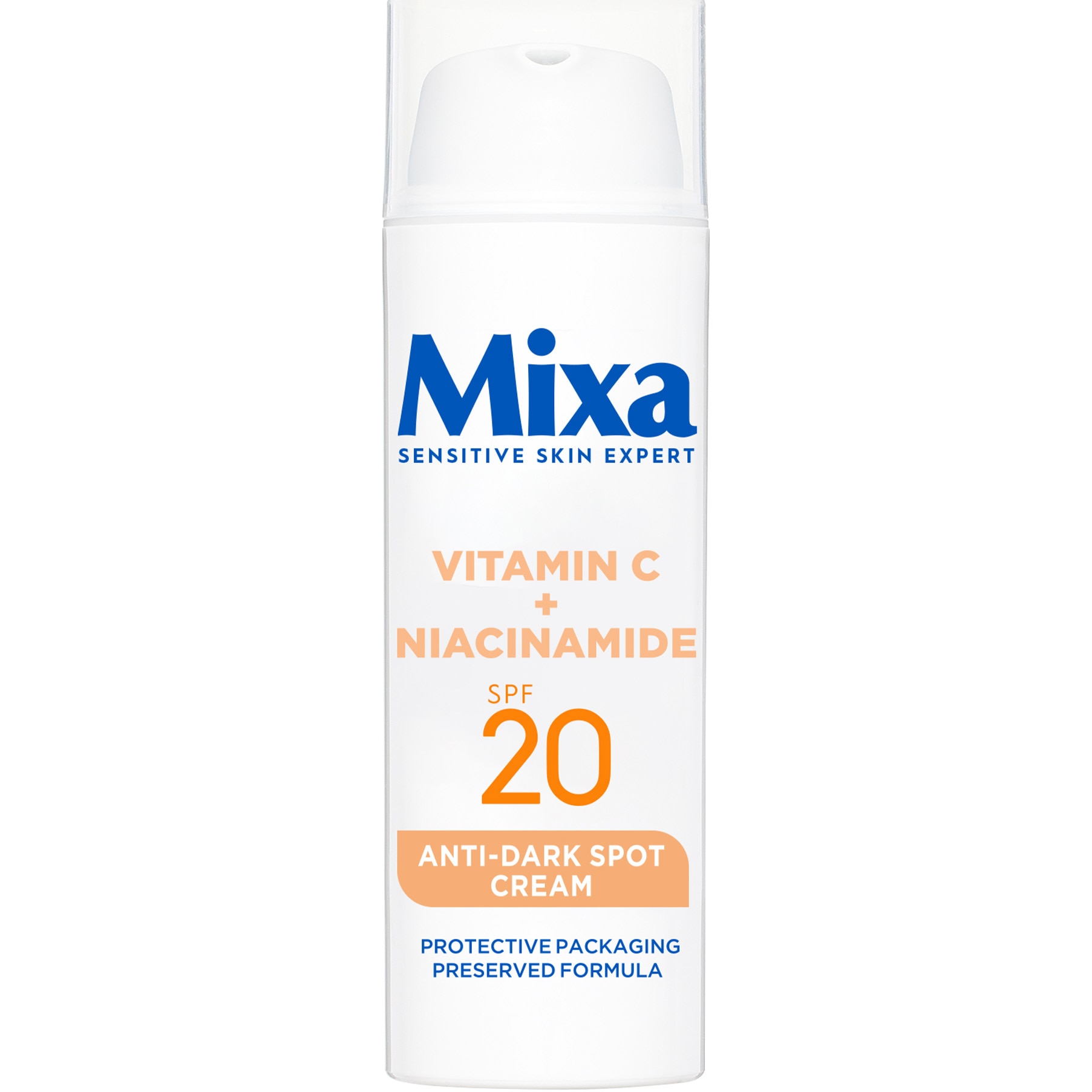 Crema hidratanta Mixa Anti-Pete Pigmentare cu Vitamina C si Niacinamida, contine SPF 20, ten cu aspect tern, neuniform, potrivita pentru tenul sensibil, 50 ml