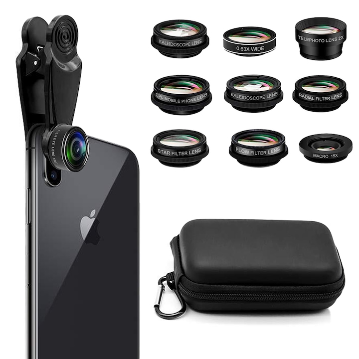 Kit 10 lentile foto, Set obiective pentru telefon si tableta, Fish eye, Wide 0, 63x, Macro 15x, Teleconvertoare, Caleidoscopice, Filtru flow, CPL, Star, Radial, Clip universal, Etui, Negru