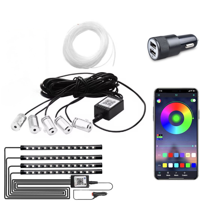 Kit Lumini Ambientale Auto GENOVATE™, Lungime 6m, 4x Benzi LED, Control din Aplicatie Smartphone, Fir Neon 6m, Incarcator Auto inclus