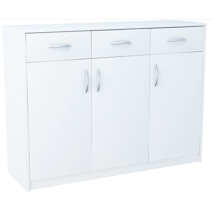Komód, Bútor Bestseller, K023BIALA, 35x110x85 cm, 3 ajtós, 3 fiókos, matt, PAL, fehér