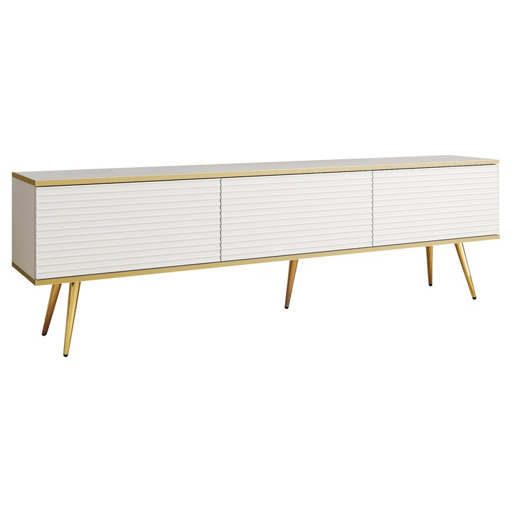 Comoda TV Oanisew II cu picioare, MIRJAN24, alb + auriu, 32x175x53 cm