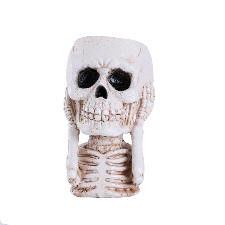 Ghiveci de flori craniu Halloween, multifunctional, alb, 9.3x11x16cm