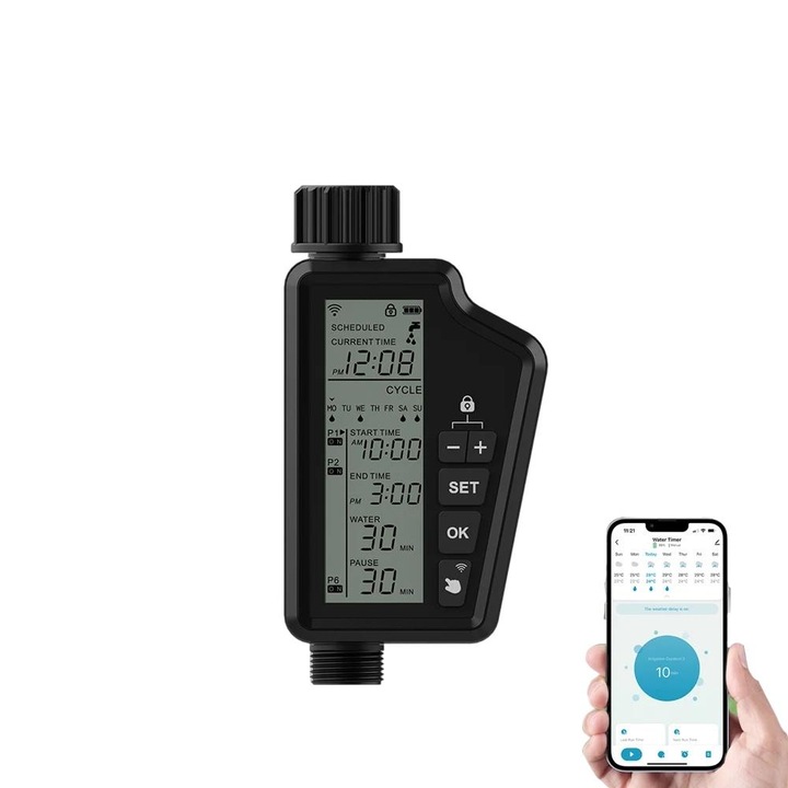 Програматор за спринклер WALALLA, WiFi 2.4Ghz, цифров дисплей, водоустойчив IP65, черен