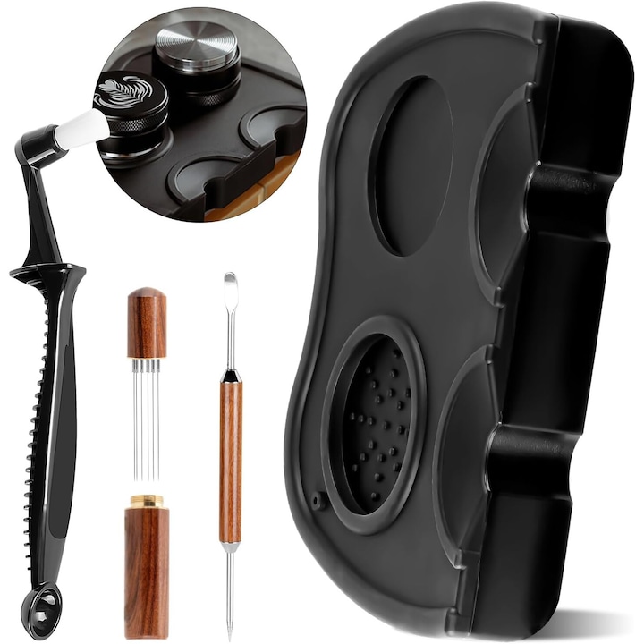 Accesorii Cafenea-Barista Set, Baza tamper, Perie curatare, Distribuitor cu 8 ace, Stilou LatteArt