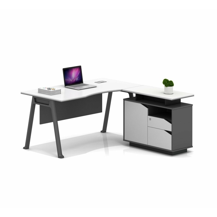 Masa birou pentru colt cu dulap lateral, picioare metalice, design modern si elegant, calitate premium, dimensiuni 1600*800*750