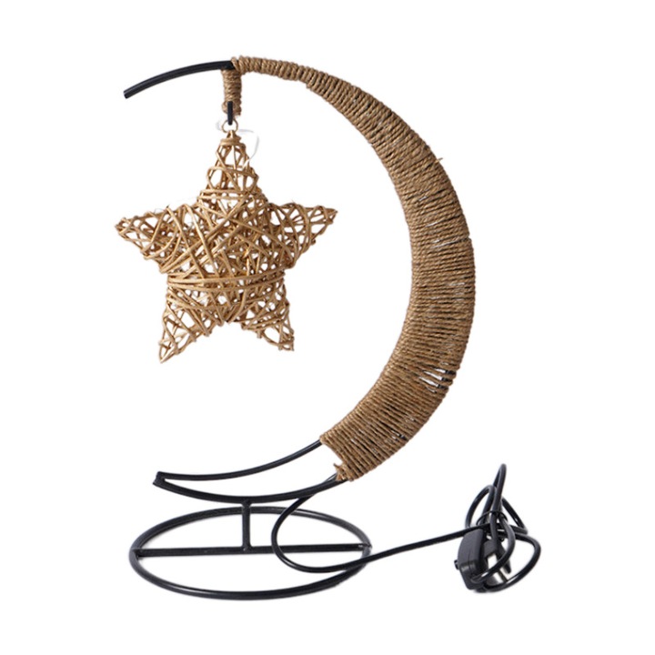 Lumina de noapte cu LED-uri, forma de stea din ratan, lumina din sarma de cupru, suport USB, 28×14×13cm, 320g, alb cald