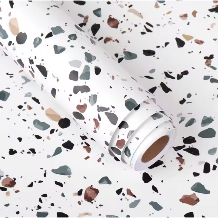 Folie Autocolanta TopBazar pentru Bucatarie, Tip Sticker Autoadeziv, pentru Blat, Mobila, Perete, diverse suprafete, Alb multicolor, 61 x 500 cm, lavabila, foarte rezistenta, usor de curatat