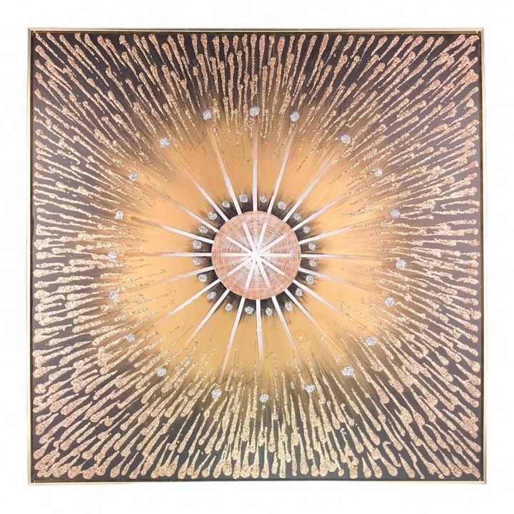 Tablou din panza cu imagine abstracta forma din bete de lemn si sclipici, cu rama din MDF, 100x100 cm multicolor M2